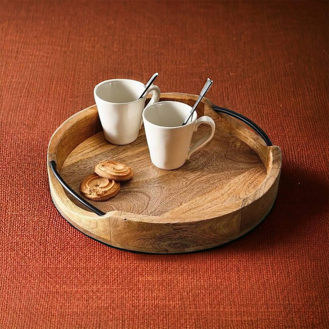 Craft Mshopr Medium Rustic Round Wooden Serving Tray 10X10X2 Inches - Handcrafted Mango Wood With Iron Handles - Decorative Kitc